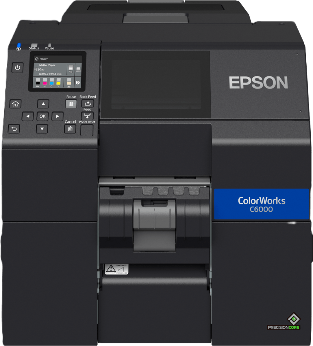 An Epson ColorWorks colour label printer, its control panel beside the media door