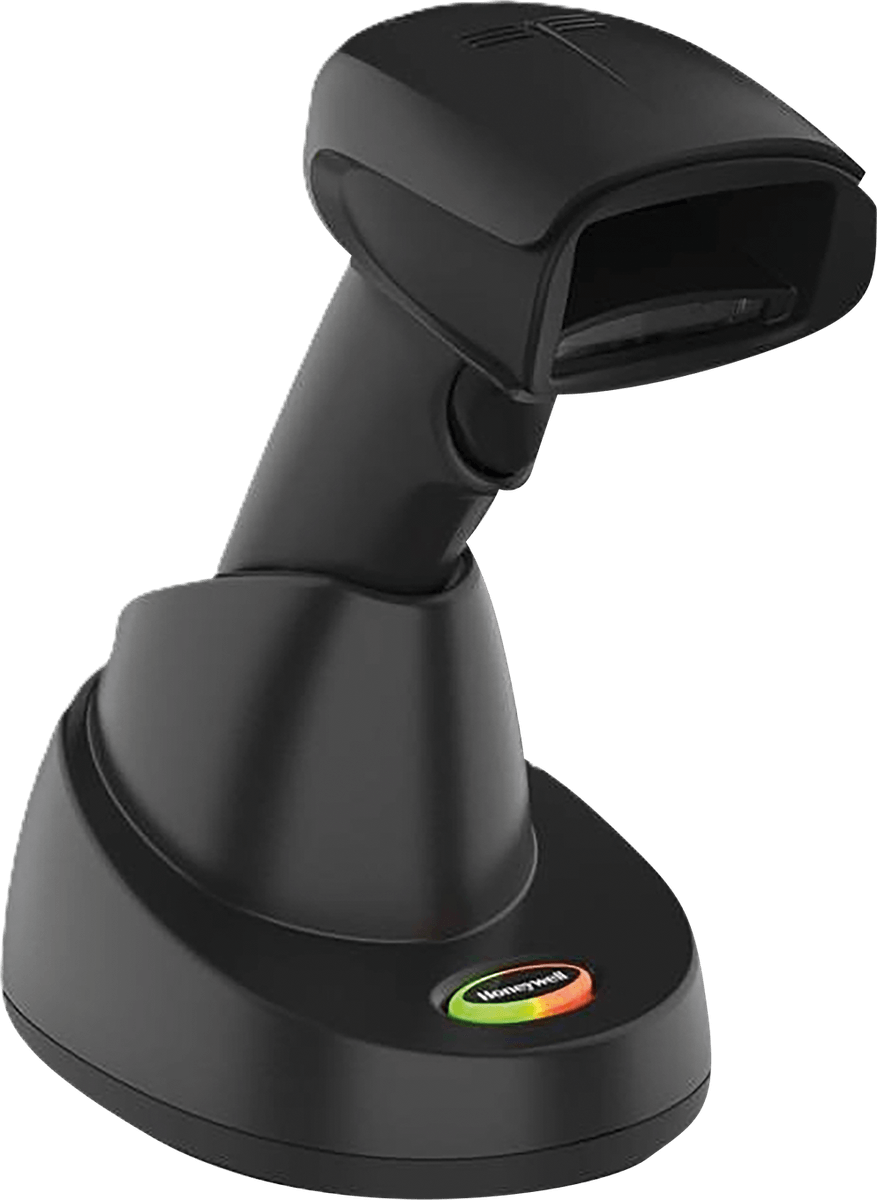 A Honeywell cordless barcode reader standing in its charging base