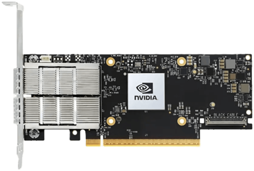An NVIDIA ConnectX-7 network adapter, its two QSFP cages behind the bracket and the NVIDIA mark across the board