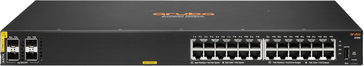 An Aruba CX access switch, its copper ports across the faceplate and fibre uplink cages at the left